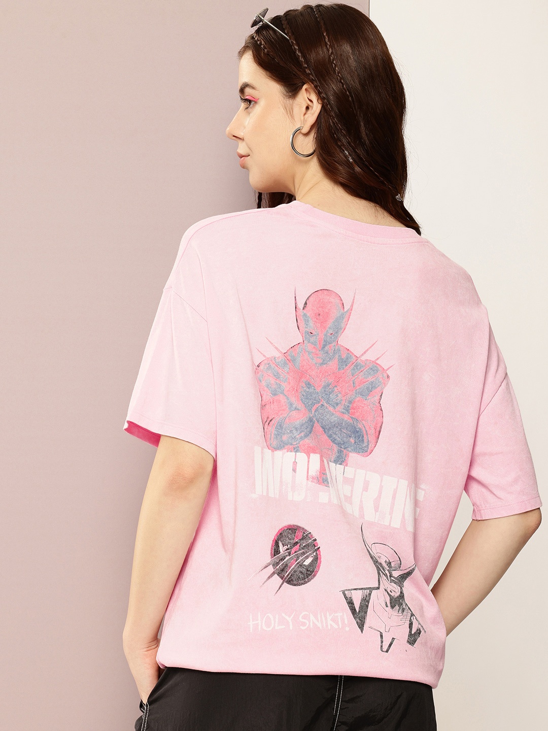 

Kook N Keech Marvel Wolverine Printed Drop-Shoulder Sleeves Oversized T-shirt, Pink