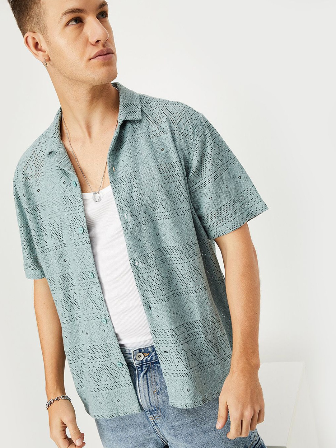 

max URB_N Men Relaxed Fit Crochet Resort Shirt, Green