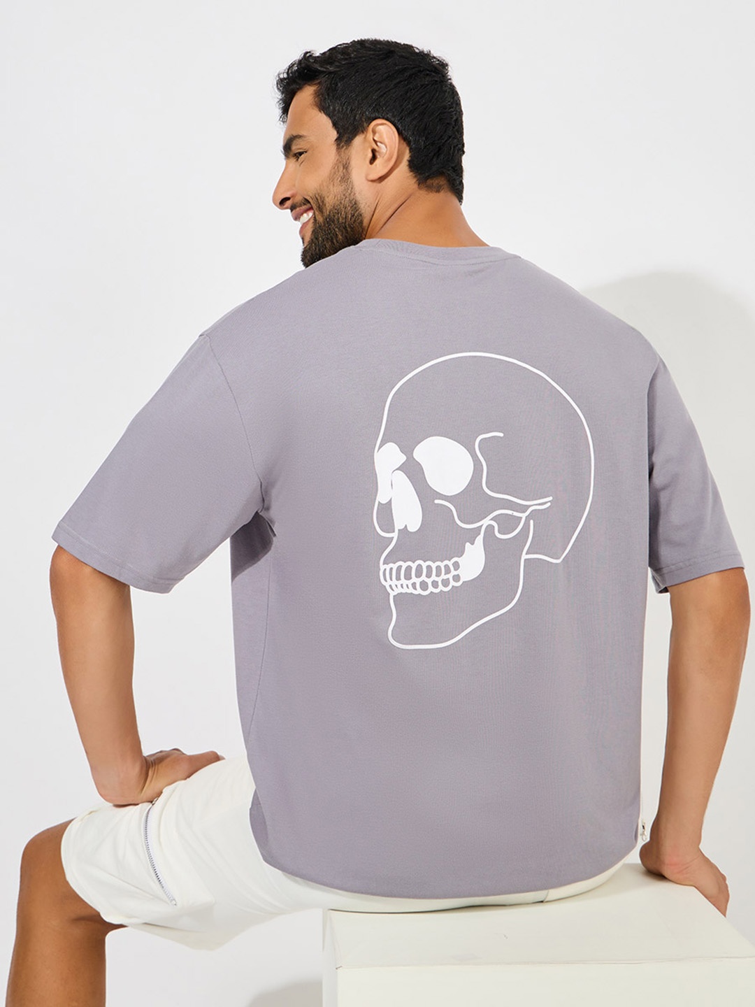 

Styli Front & Back Skull Print Oversized T-Shirt, Grey