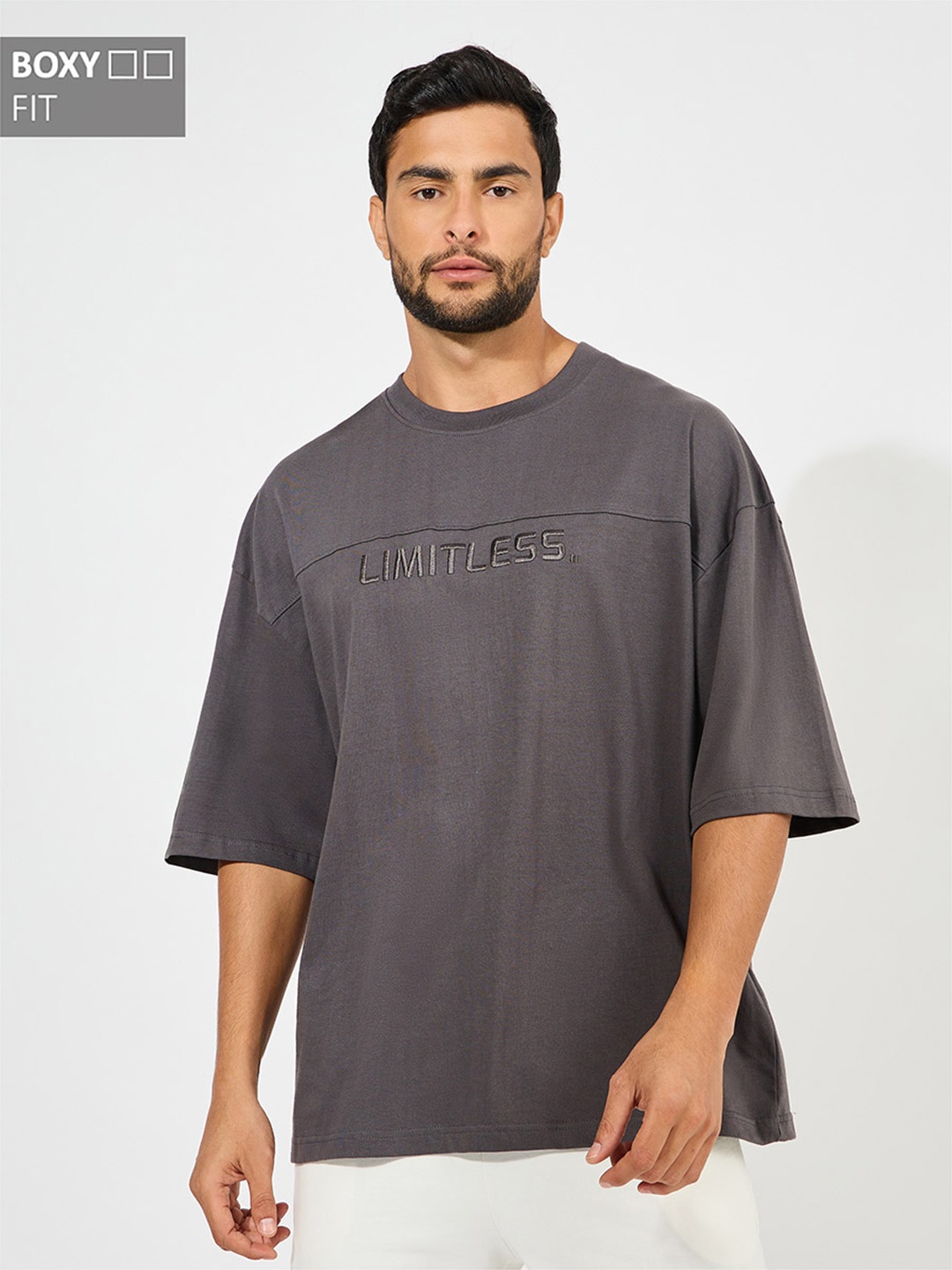 

Styli Heavy Cotton Jersey Boxy Fit T-Shirt With Front Seam Detail, Grey