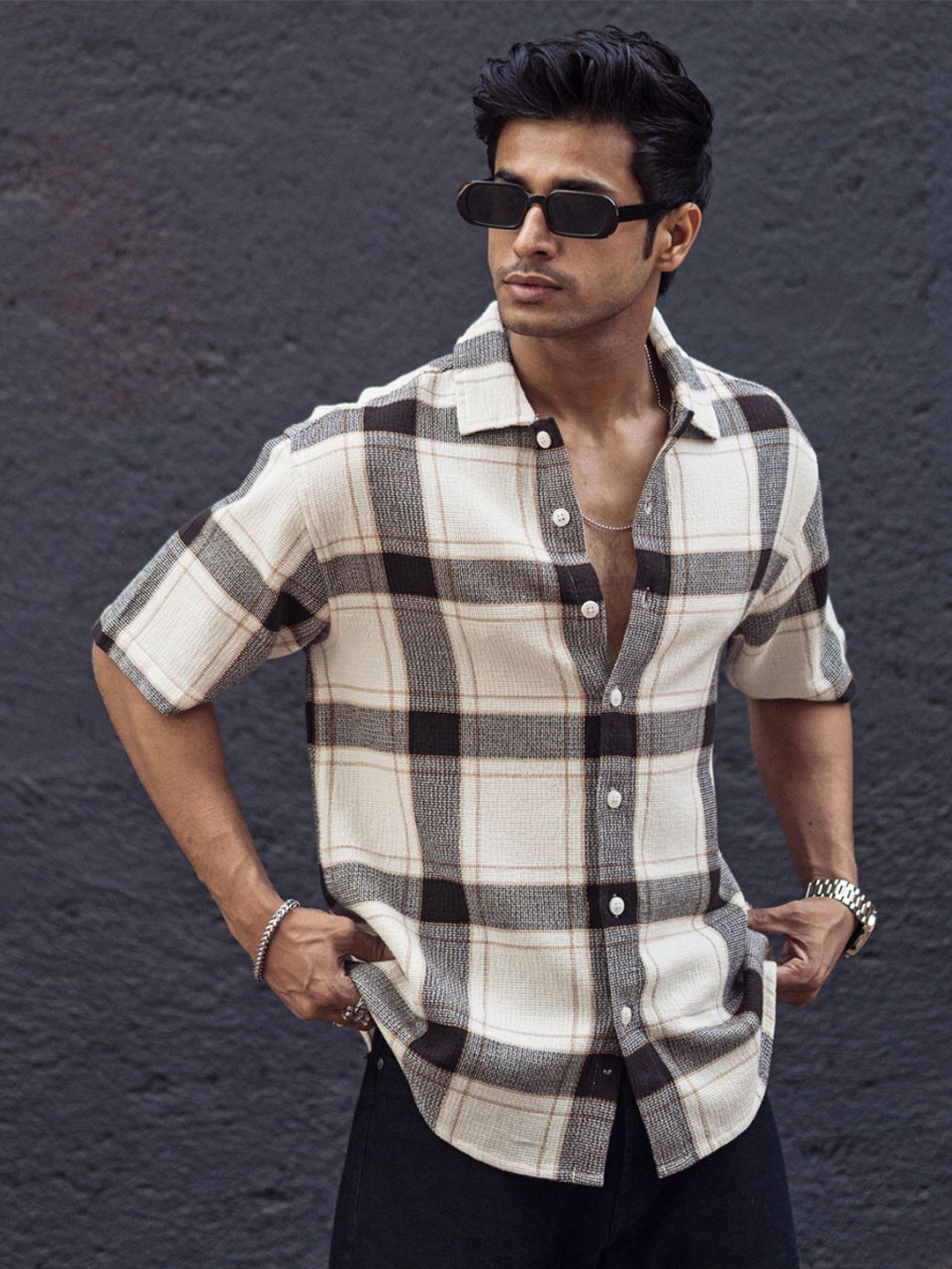 

Powerlook Men Tartan Checks Opaque Checked Casual Shirt, Off white