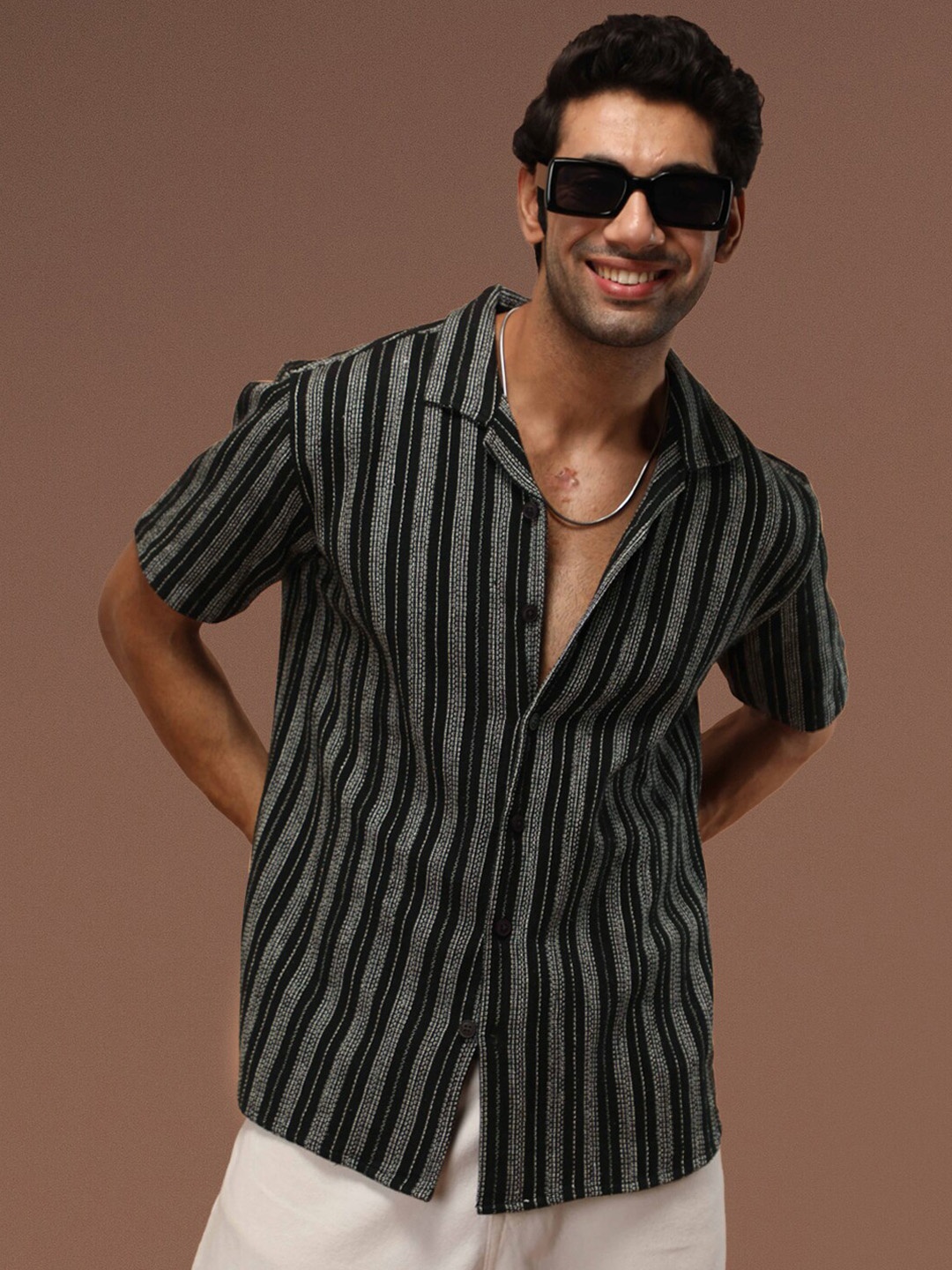 

Powerlook Men Opaque Striped Casual Shirt, Black