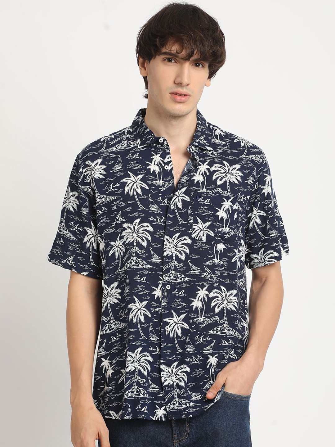

URBARO Men Smart Slim Fit Floral Opaque Printed Casual Shirt, Navy blue