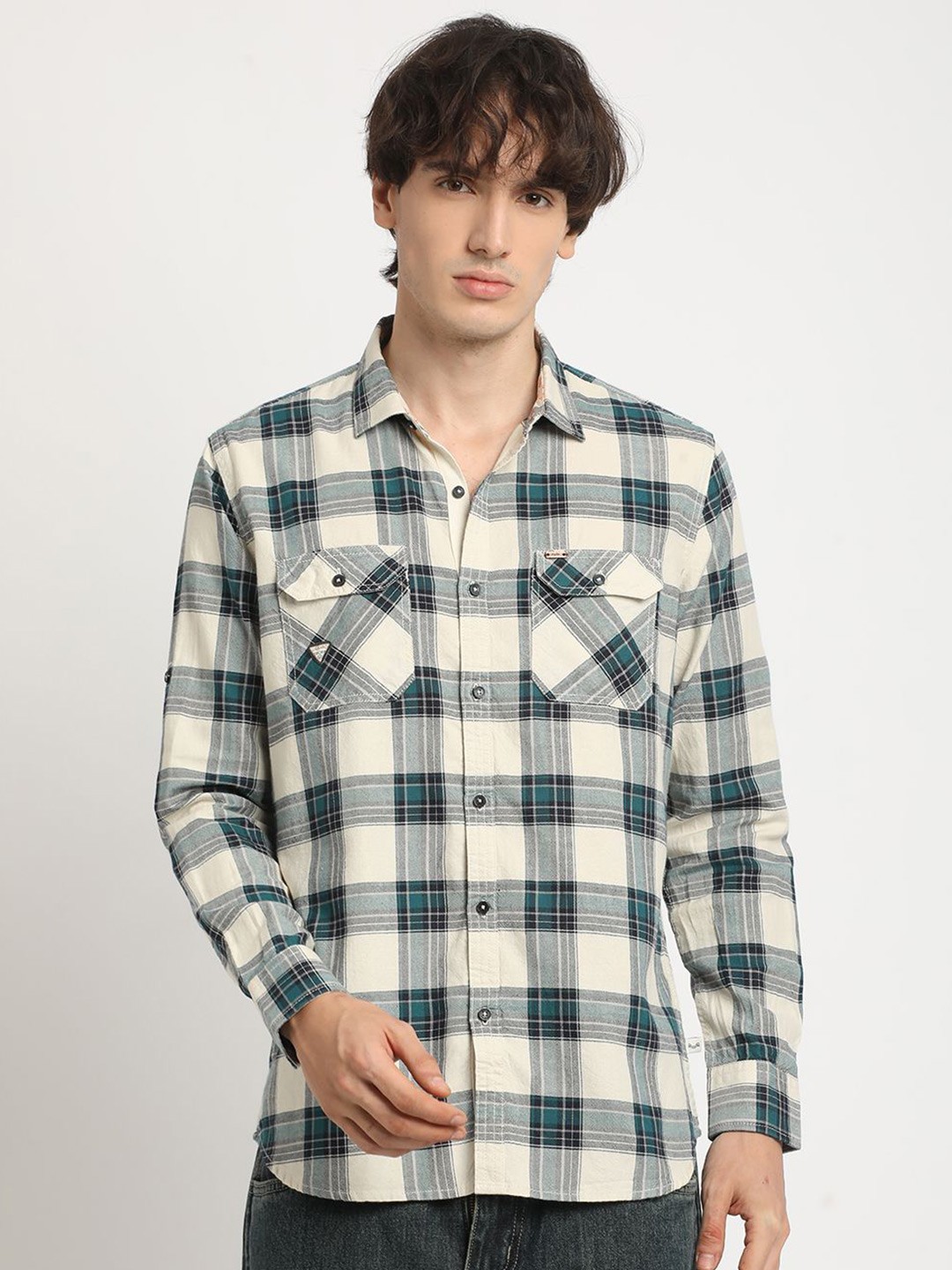 

URBARO Men Smart Slim Fit Tartan Checks Opaque Checked Casual Shirt, White
