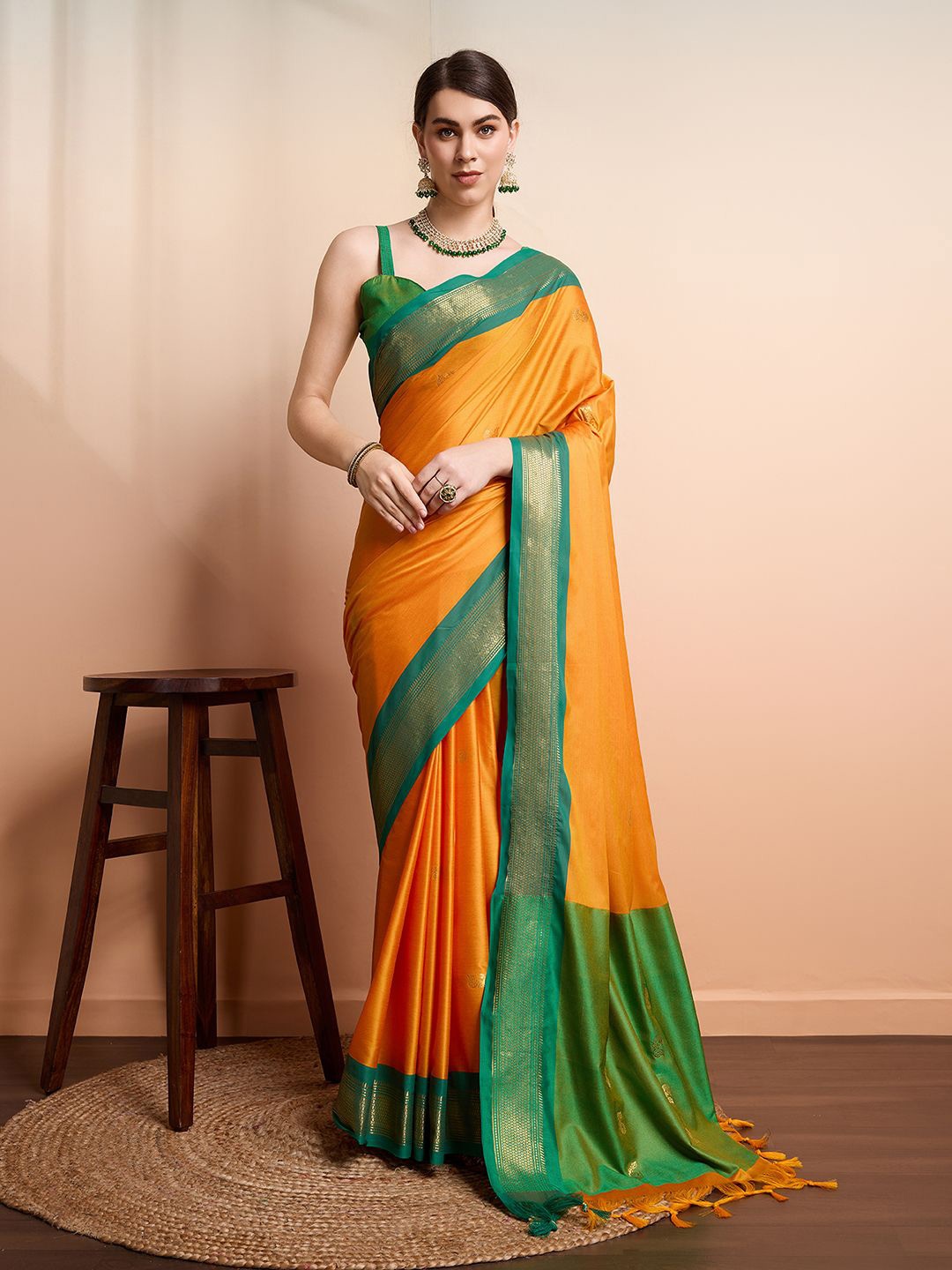 

SGF11 Ethnic Motifs Woven Design Zari Kanjeevaram Silk Saree, Yellow