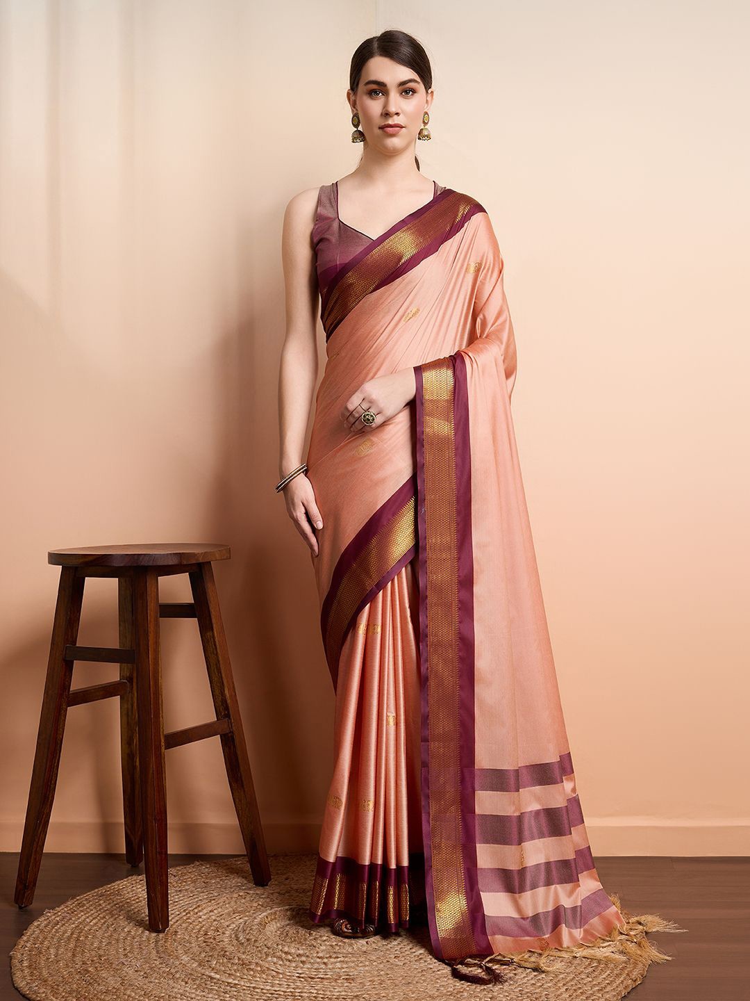 

SGF11 Ethnic Motifs Woven Design Zari Kanjeevaram Silk Saree, Peach