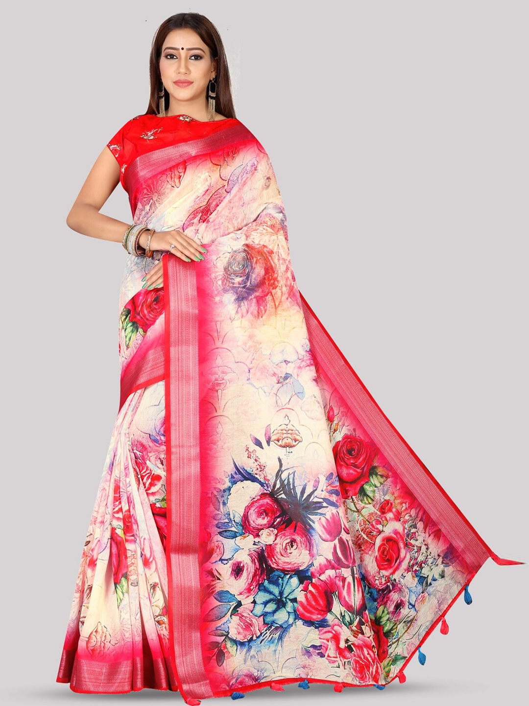 

Kaizen TEXO FAB Floral Tussar Saree, Red