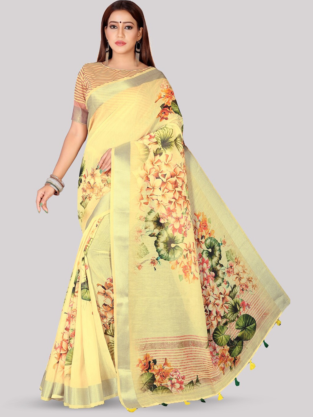

Kaizen TEXO FAB Floral Tussar Saree, Yellow