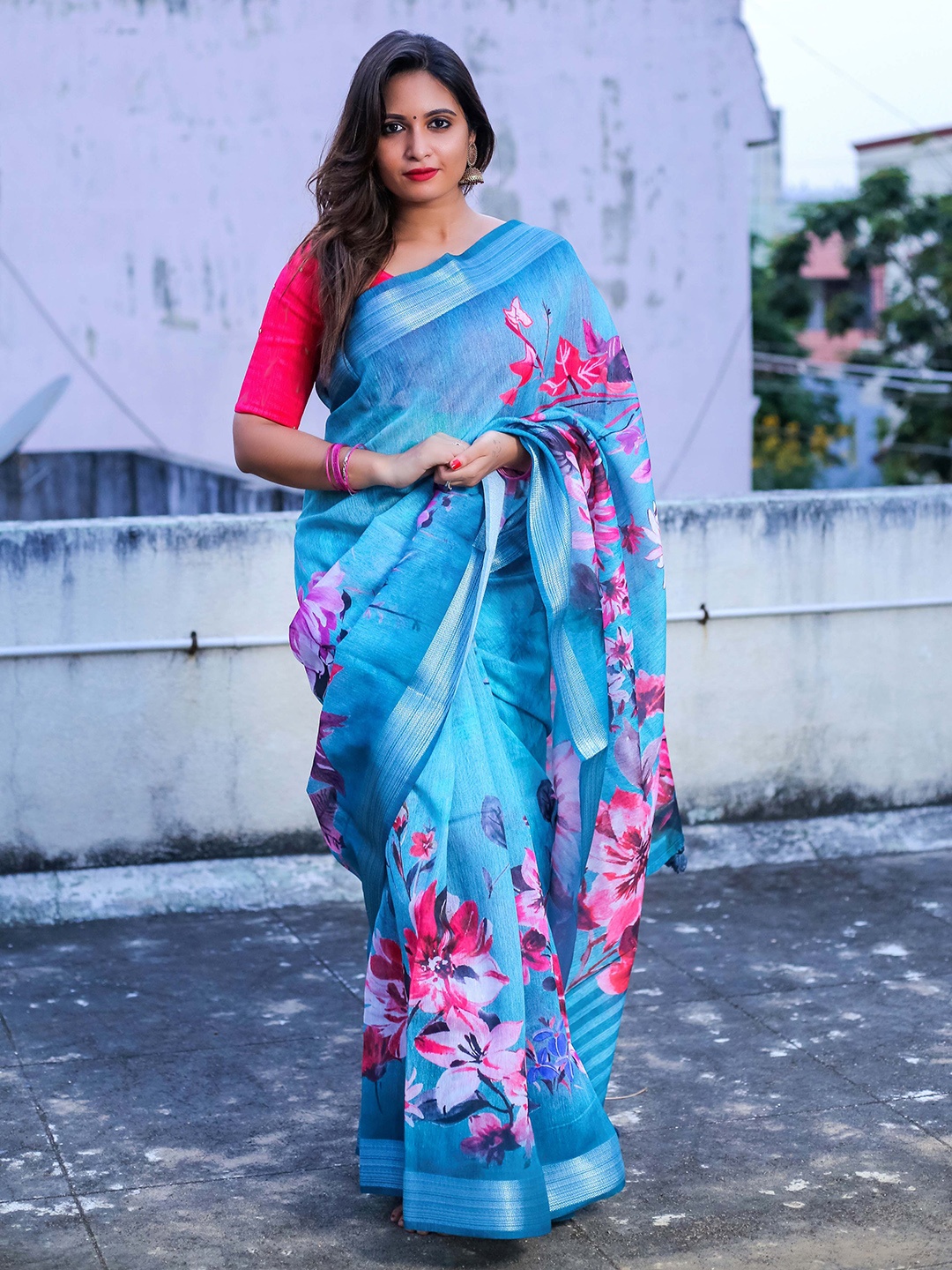 

Kaizen TEXO FAB Floral Tussar Saree, Teal