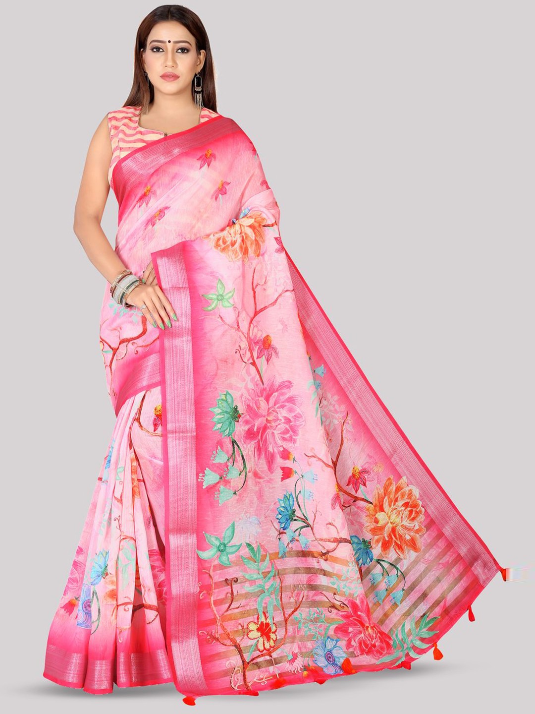 

Kaizen TEXO FAB Floral Printed Zari Tussar Saree, Pink