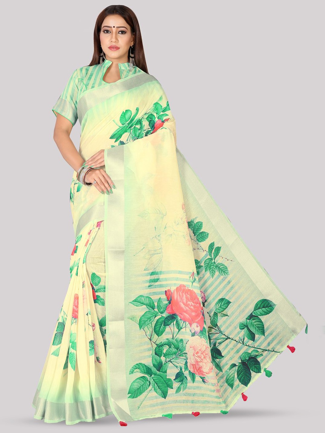

Kaizen TEXO FAB Floral Printed Printed Tussar Saree, Green
