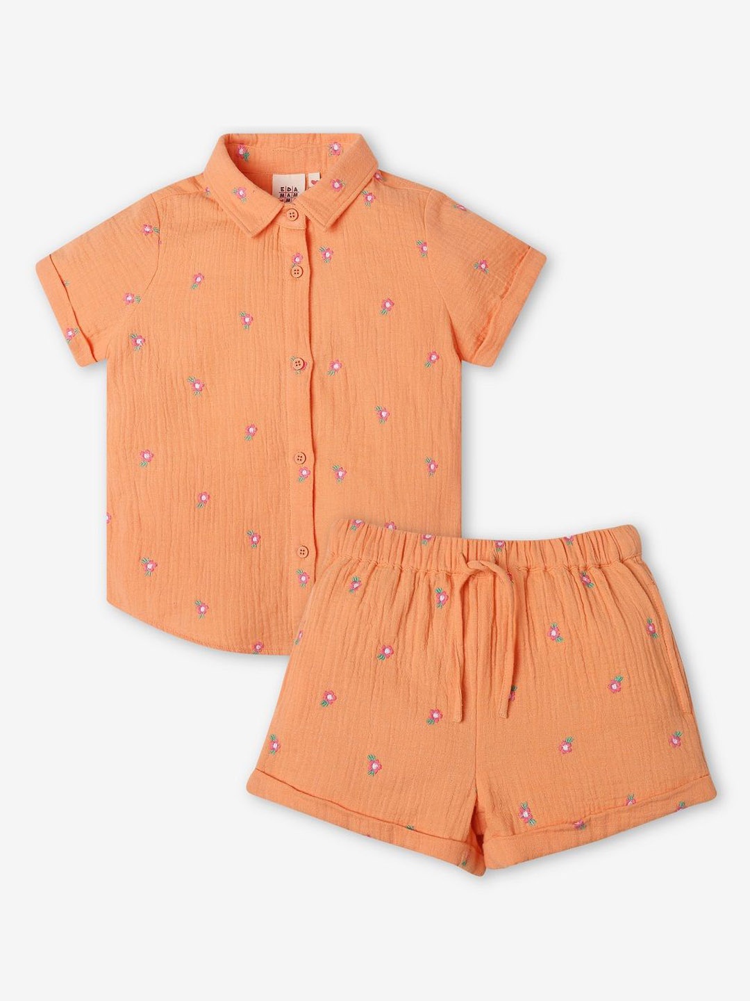 

Ed-a-Mamma Girls Printed Pure Cotton Shirt With Shorts Clothing Set, Orange