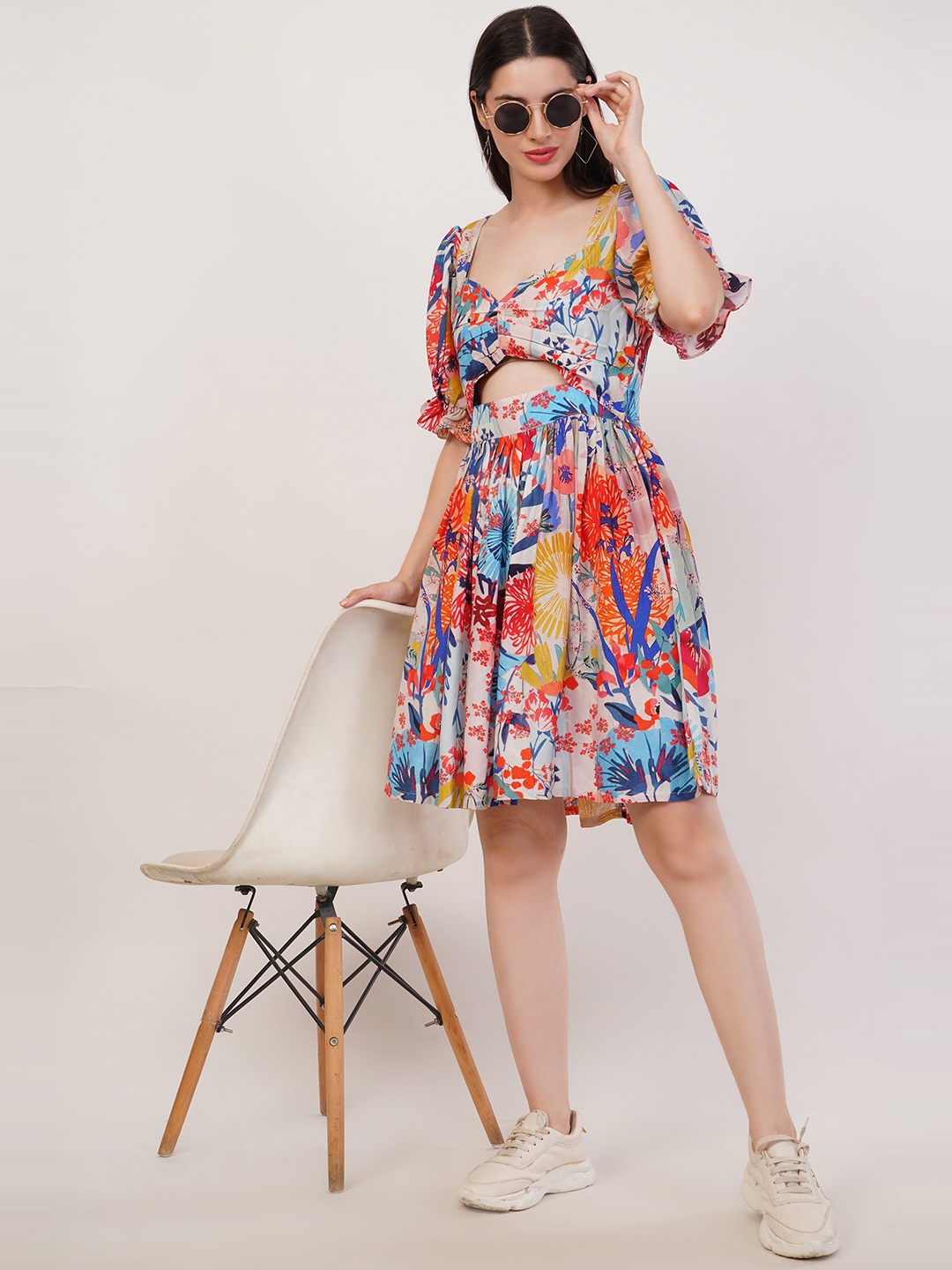 

Rhe-Ana Floral Print Puff Sleeve Fit & Flare Dress, Red