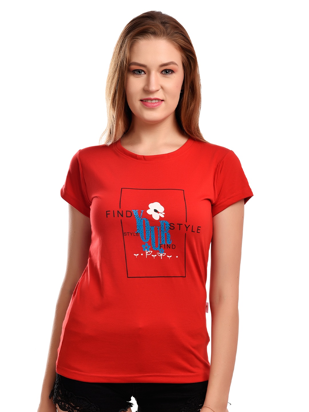 

elina Typography Printed Round Neck Cotton T-shirt, Red