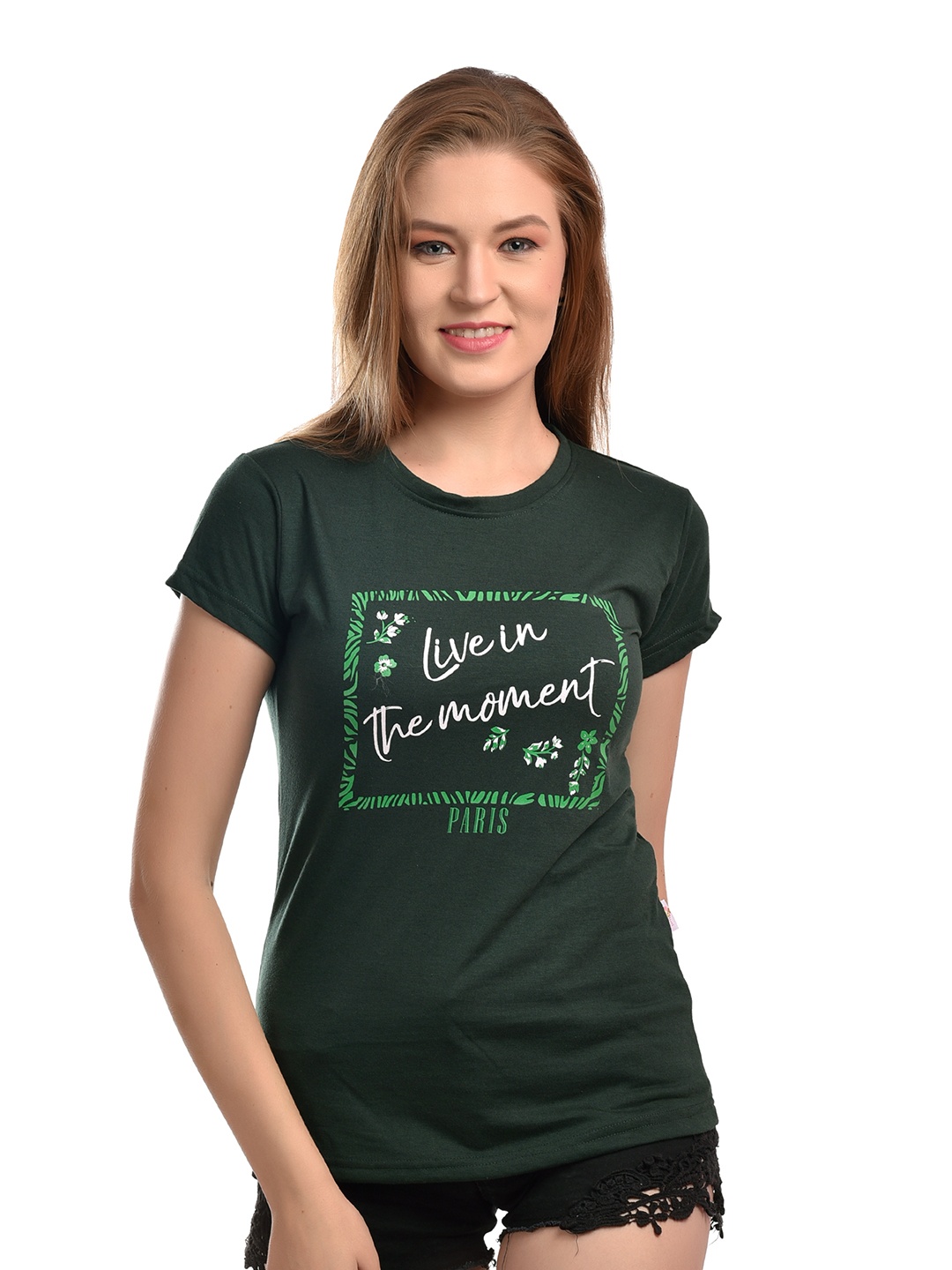 elina Typography Printed Round Neck Cotton T-shirt, Green