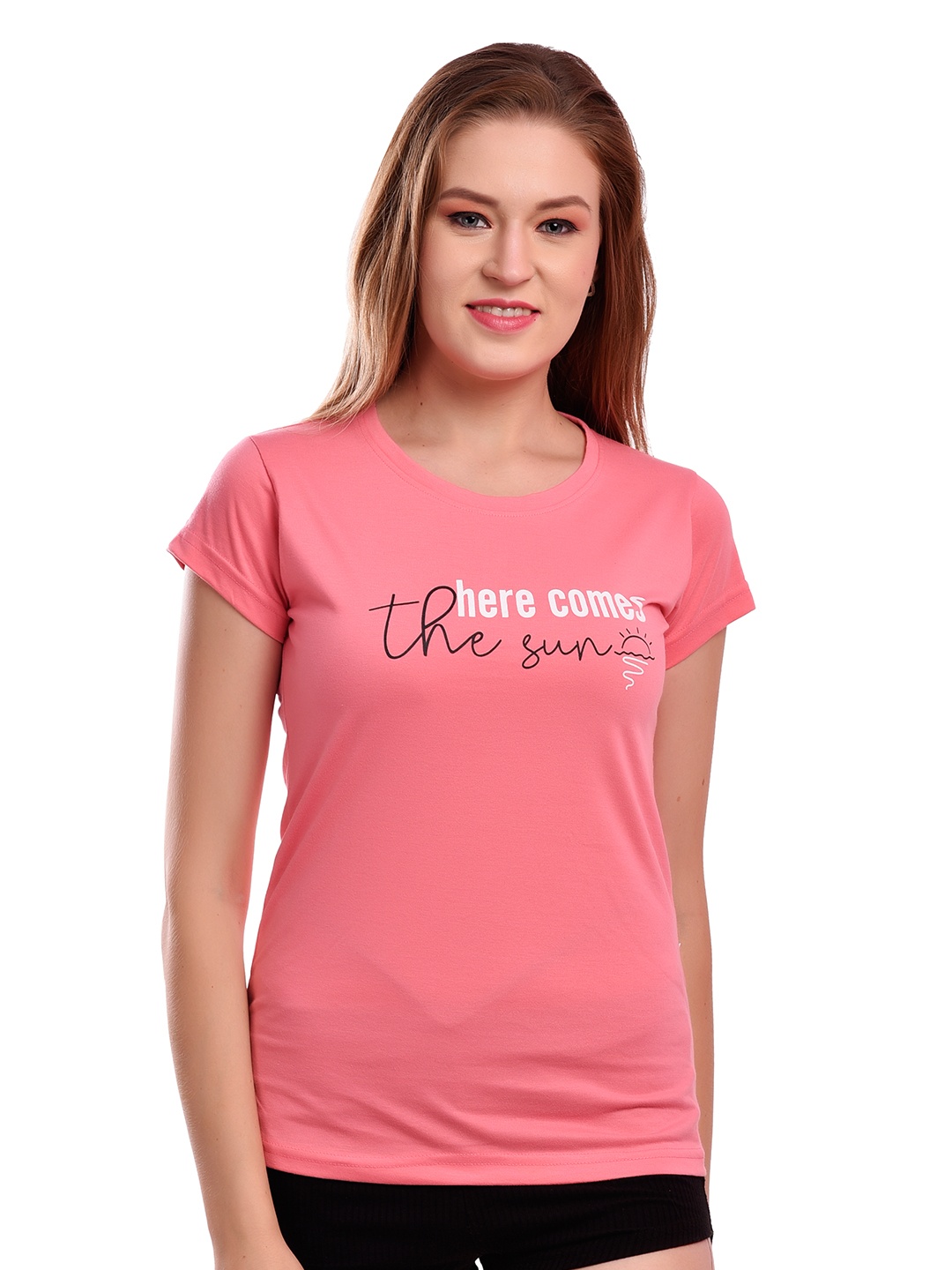 elina Typography Printed Round Neck Cotton T-shirt, Pink
