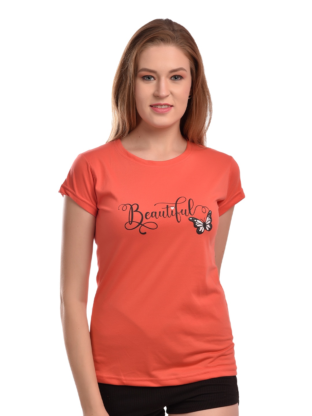 

elina Typography Printed Round Neck Cotton T-shirt, Peach