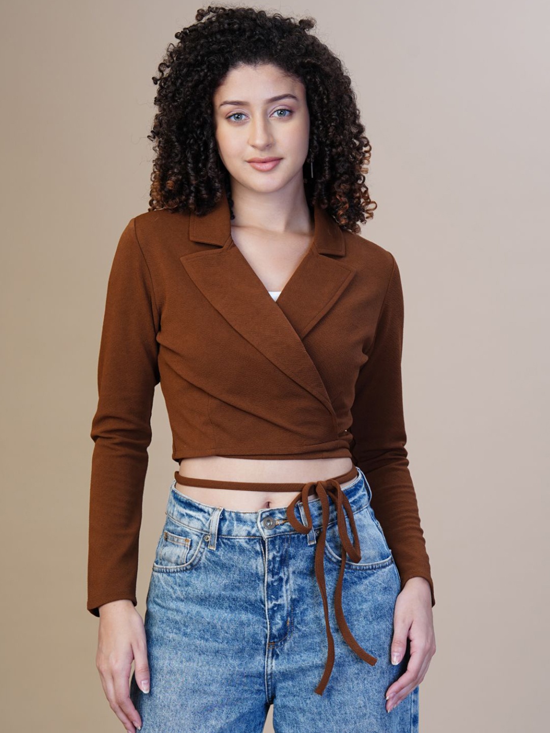 

WESTHOOD Lapel Collar Wrap Solid Crop Top, Coffee brown