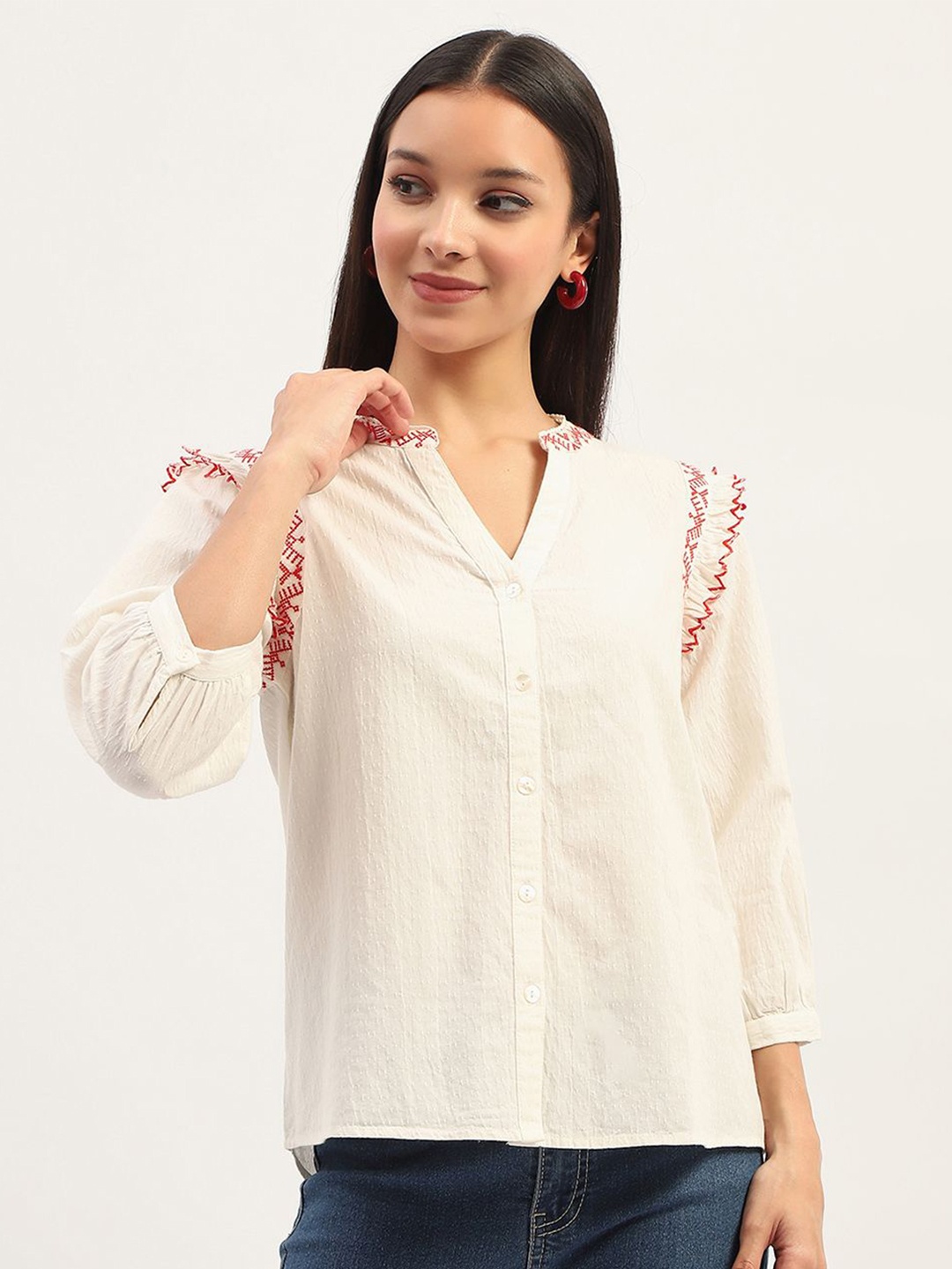 

Madame Mandarin Collar Pure Cotton Shirt Style Top, Off white