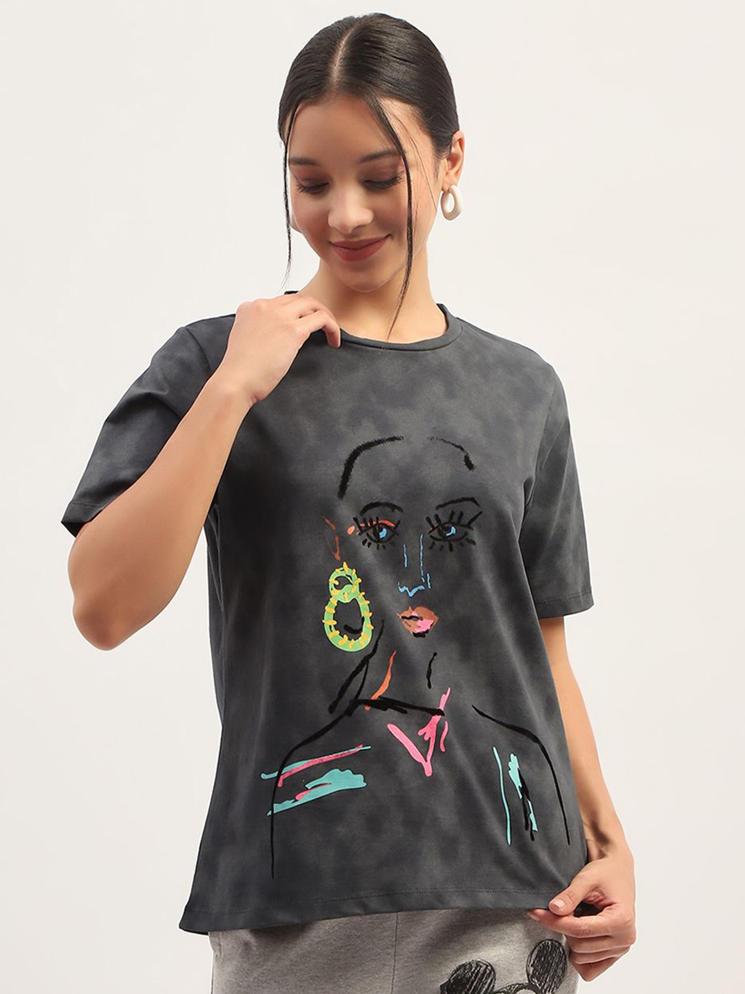 

Madame Graphic Printed Round Neck Pure Cotton Top, Charcoal