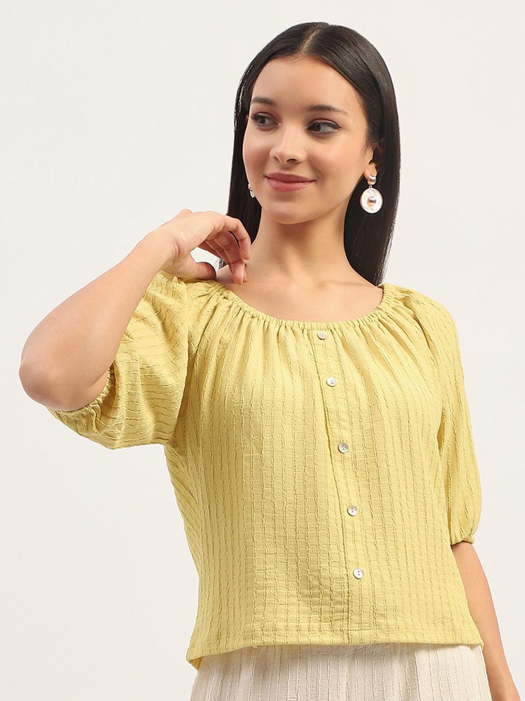 

Madame Round Neck Self Design Ruched Top, Lime green