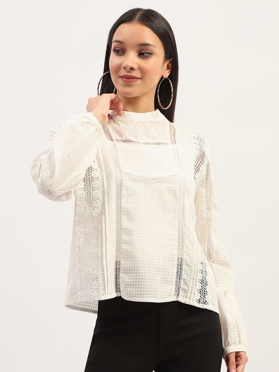 

Madame Round Neck Pure Cotton Self Design Embroidered Top, White