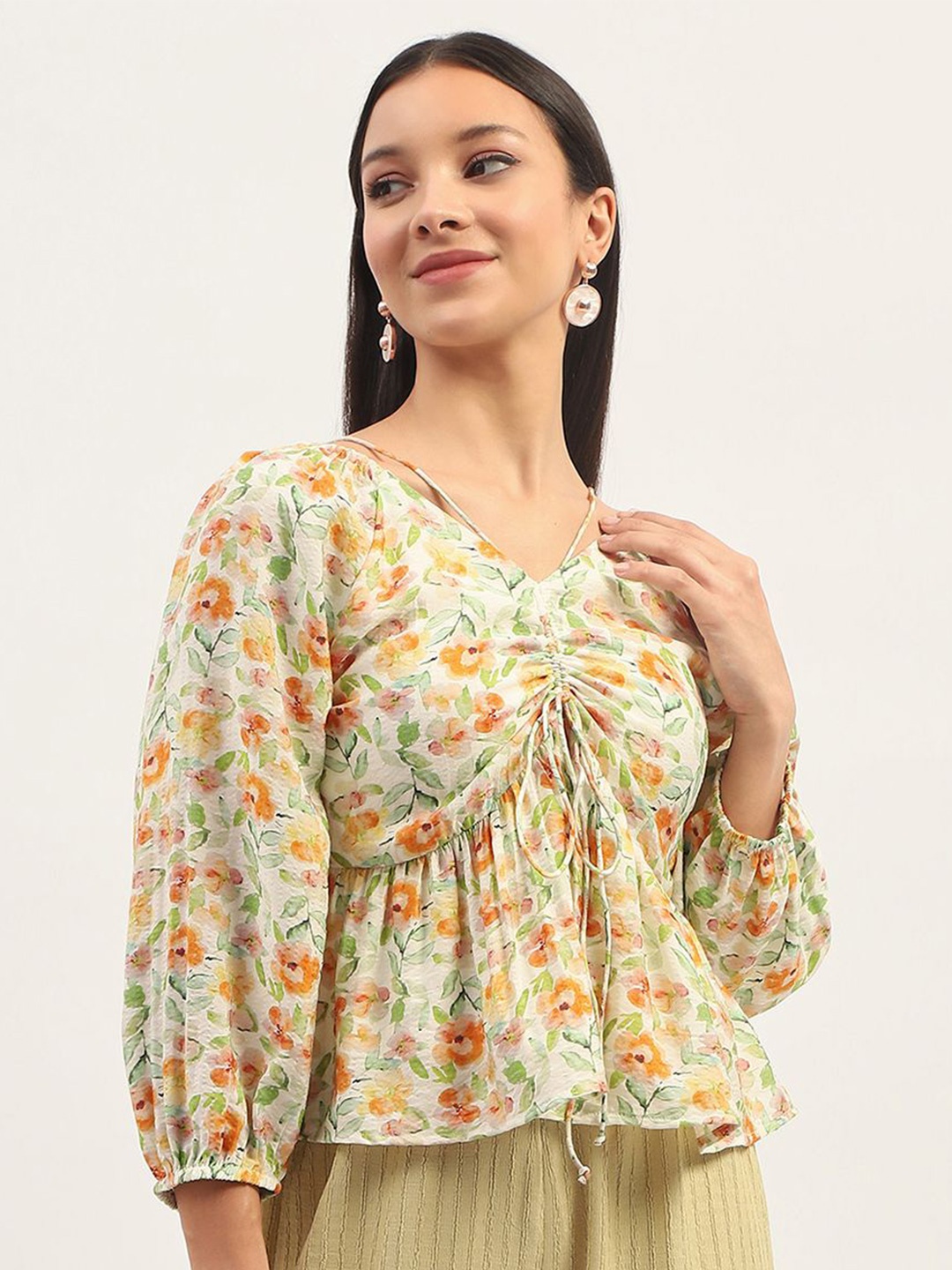 

Madame Floral Printed V-Neck Empire Top, Yellow
