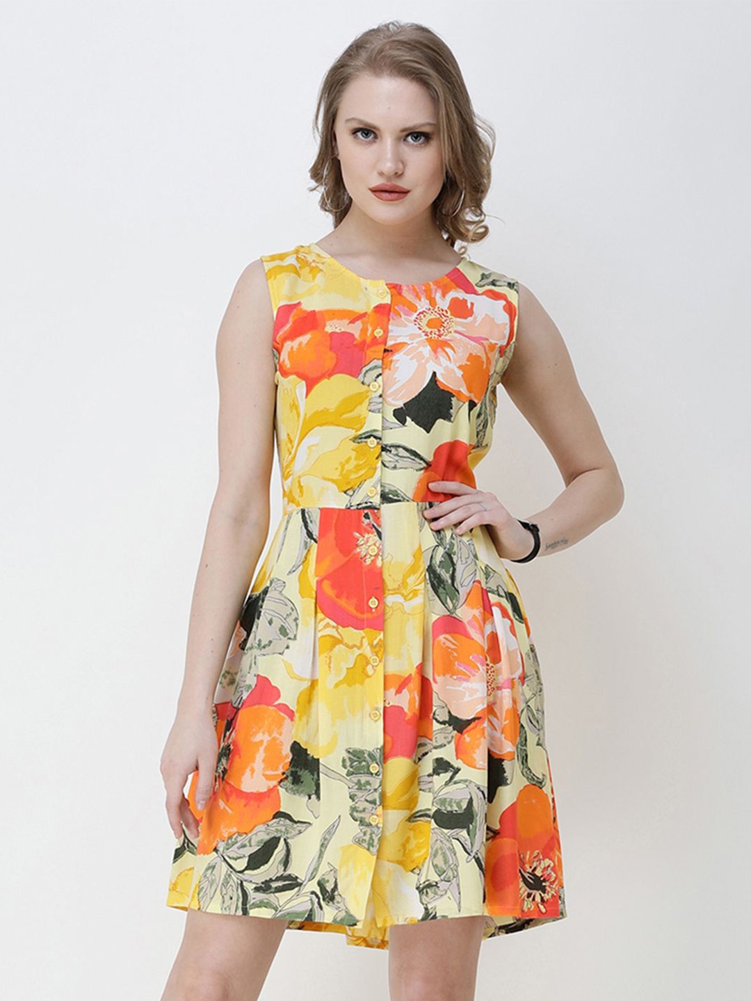 

SCORPIUS Floral Print Fit & Flare Dress, Yellow