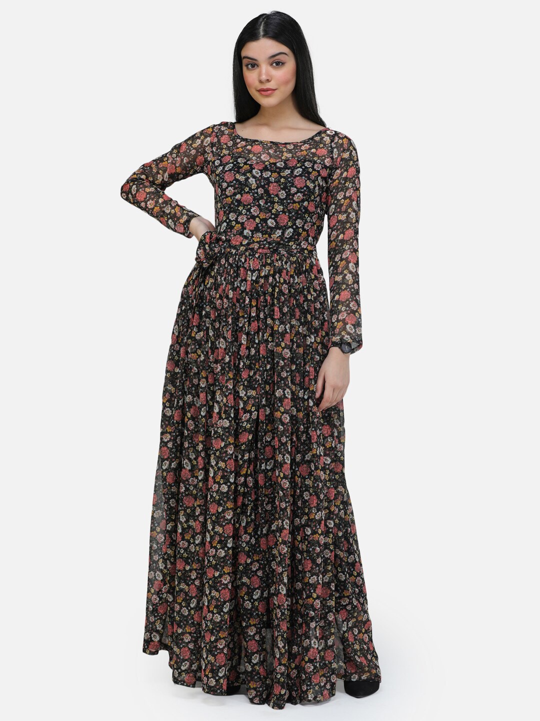SCORPIUS Floral Print Chiffon Maxi Dress, Black