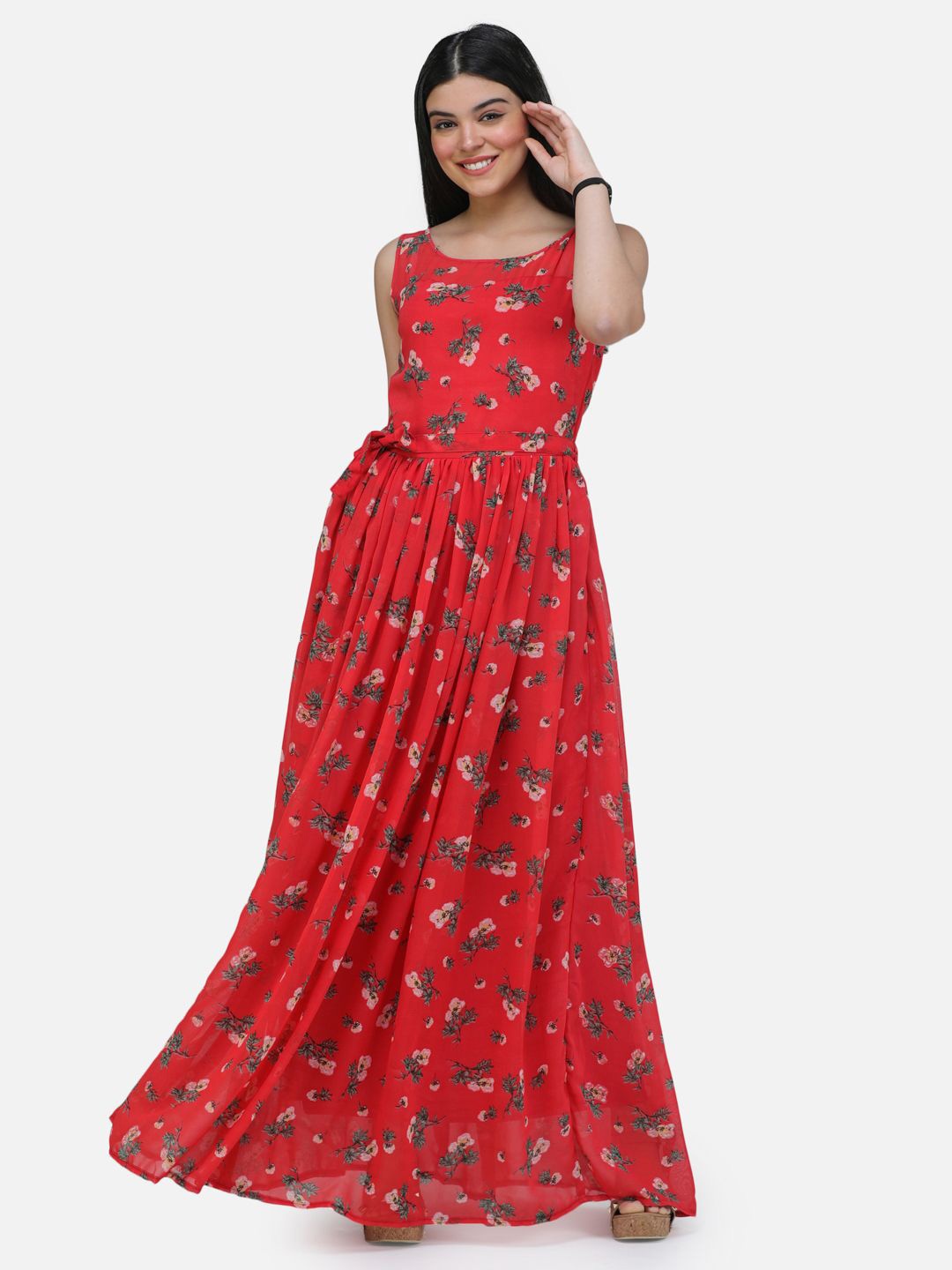 SCORPIUS Floral Print Chiffon Maxi Dress, Red