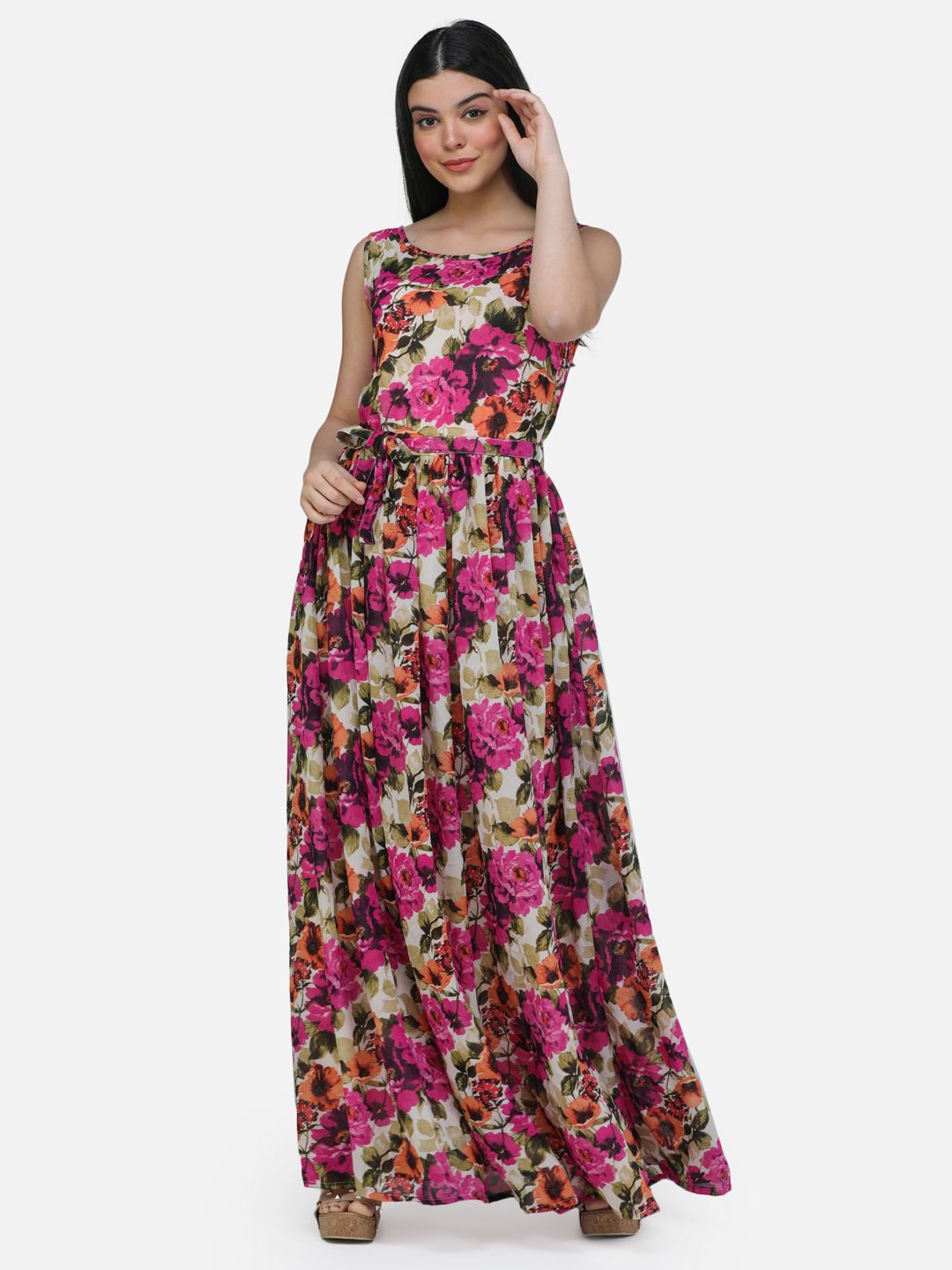 

SCORPIUS Floral Print Georgette Maxi Dress, Beige