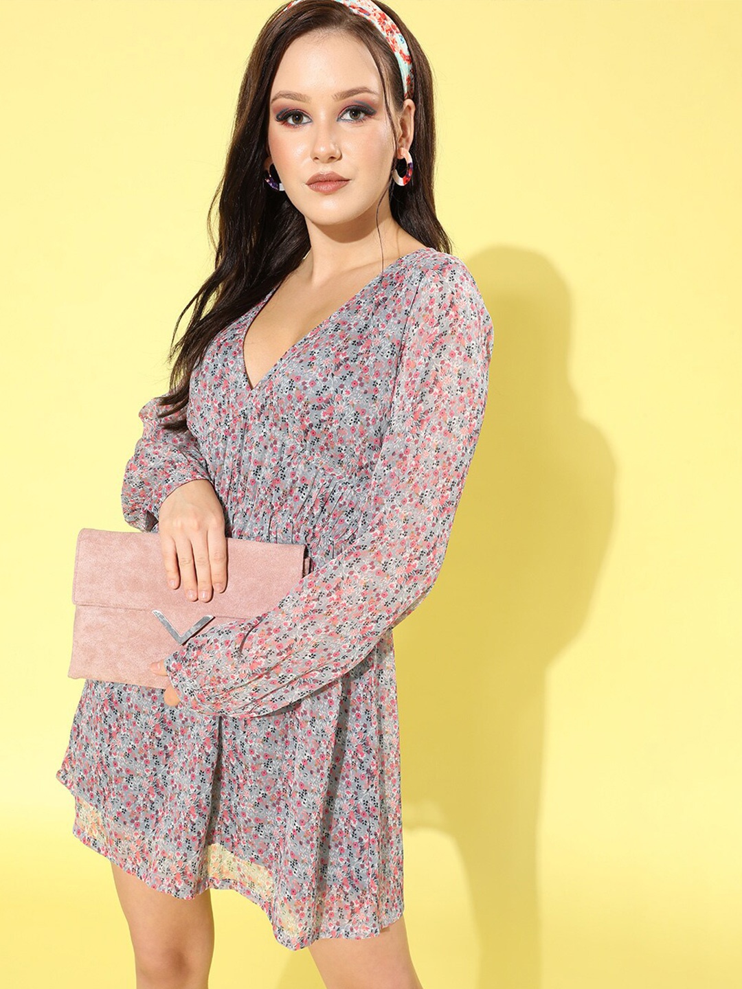 SCORPIUS Floral Print Chiffon Dress, Grey