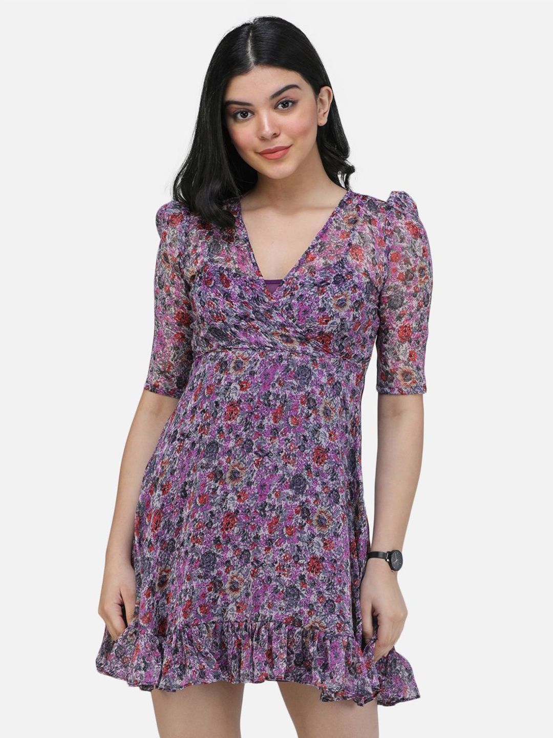 

SCORPIUS Floral Print Chiffon Fit & Flare Dress, Purple