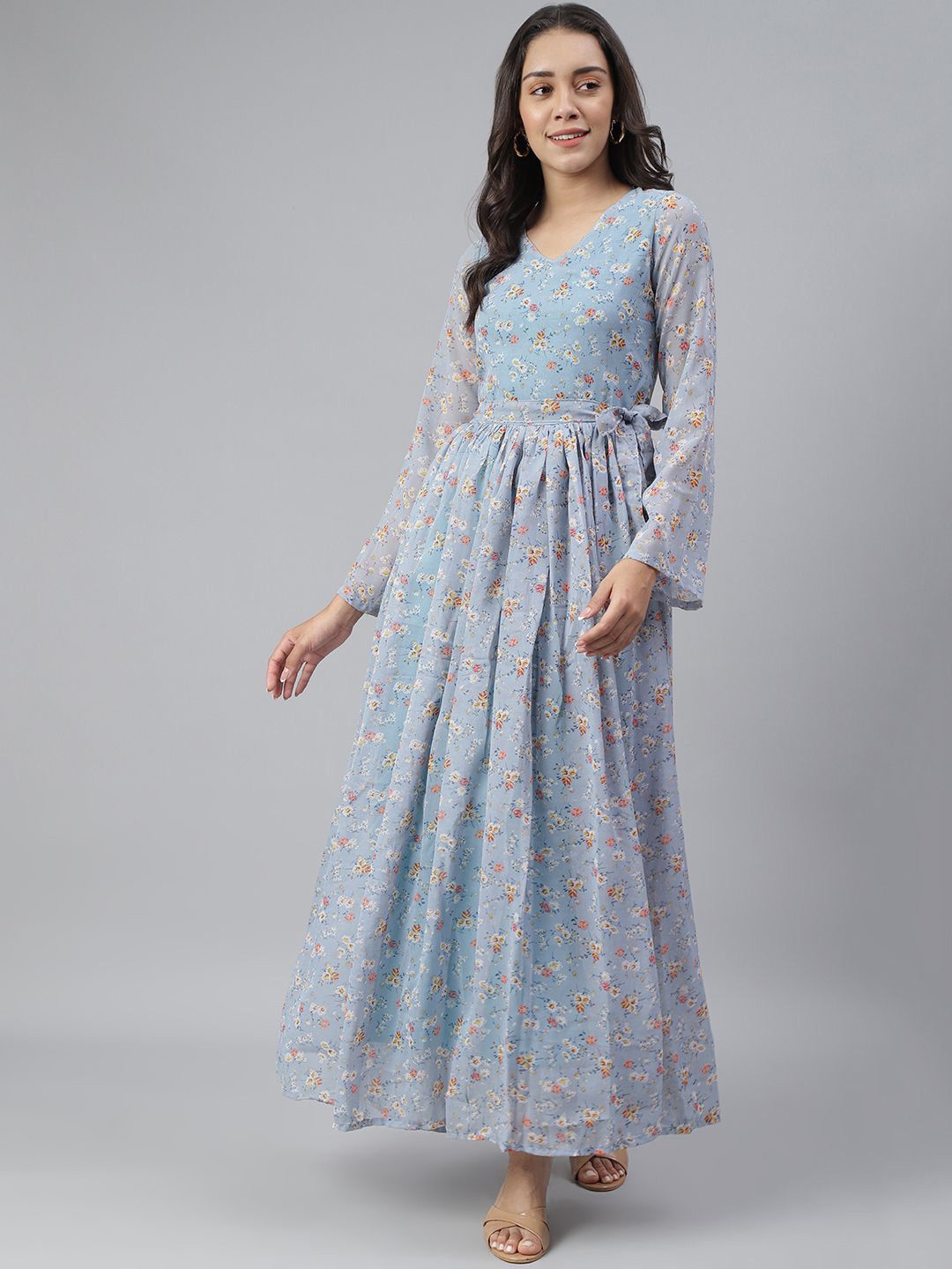 

SCORPIUS Floral Print Bell Sleeve Chiffon Maxi Dress, Blue