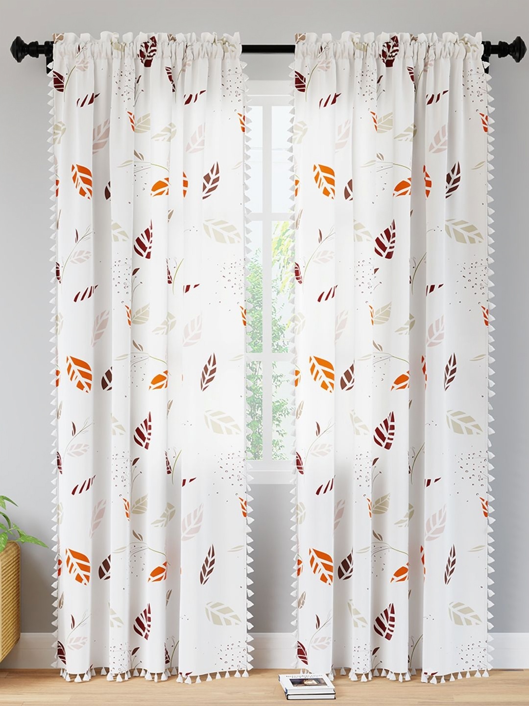 

Encasa Homes White & Red Set of 2 Ethnic Motifs Sheer Long Door Curtain
