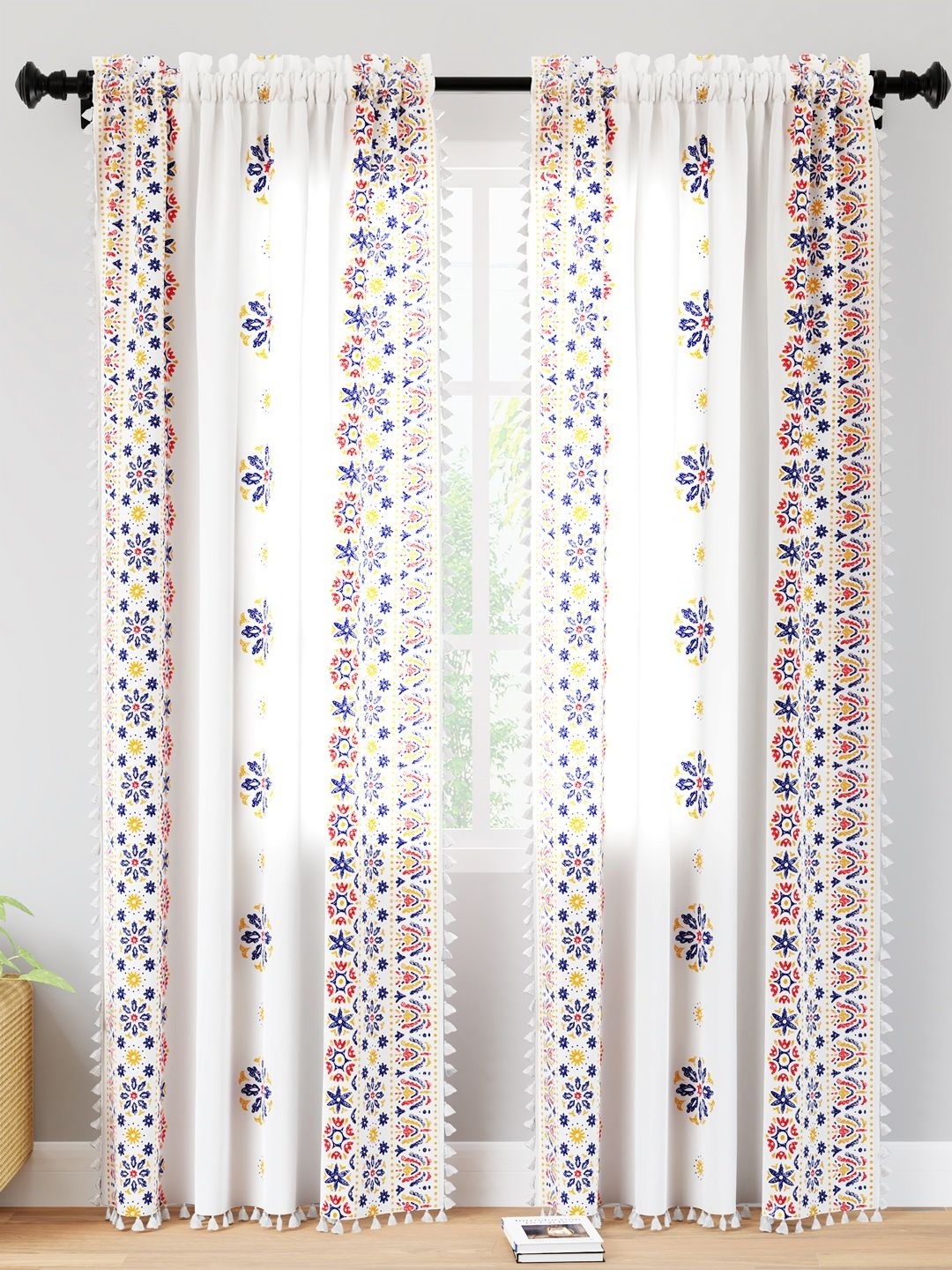 

Encasa Homes White & Blue Set of 2 Ethnic Motifs Sheer Long Door Curtain