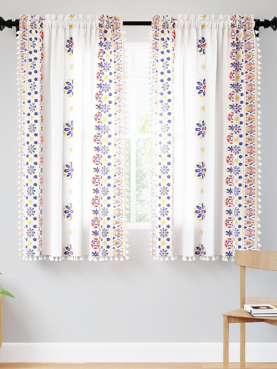 

Encasa Homes White & Blue Set of 2 Ethnic Motifs Sheer Window Curtain
