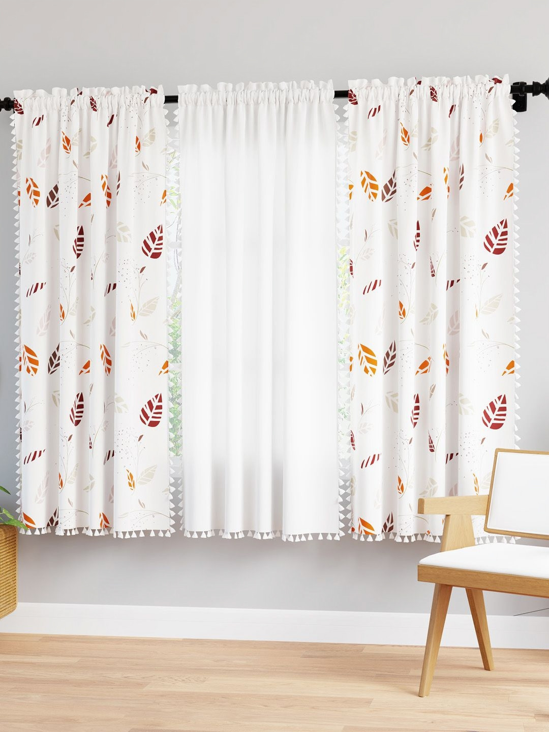 

Encasa Homes White & Red Set of 3 Ethnic Motifs Sheer Window Curtain
