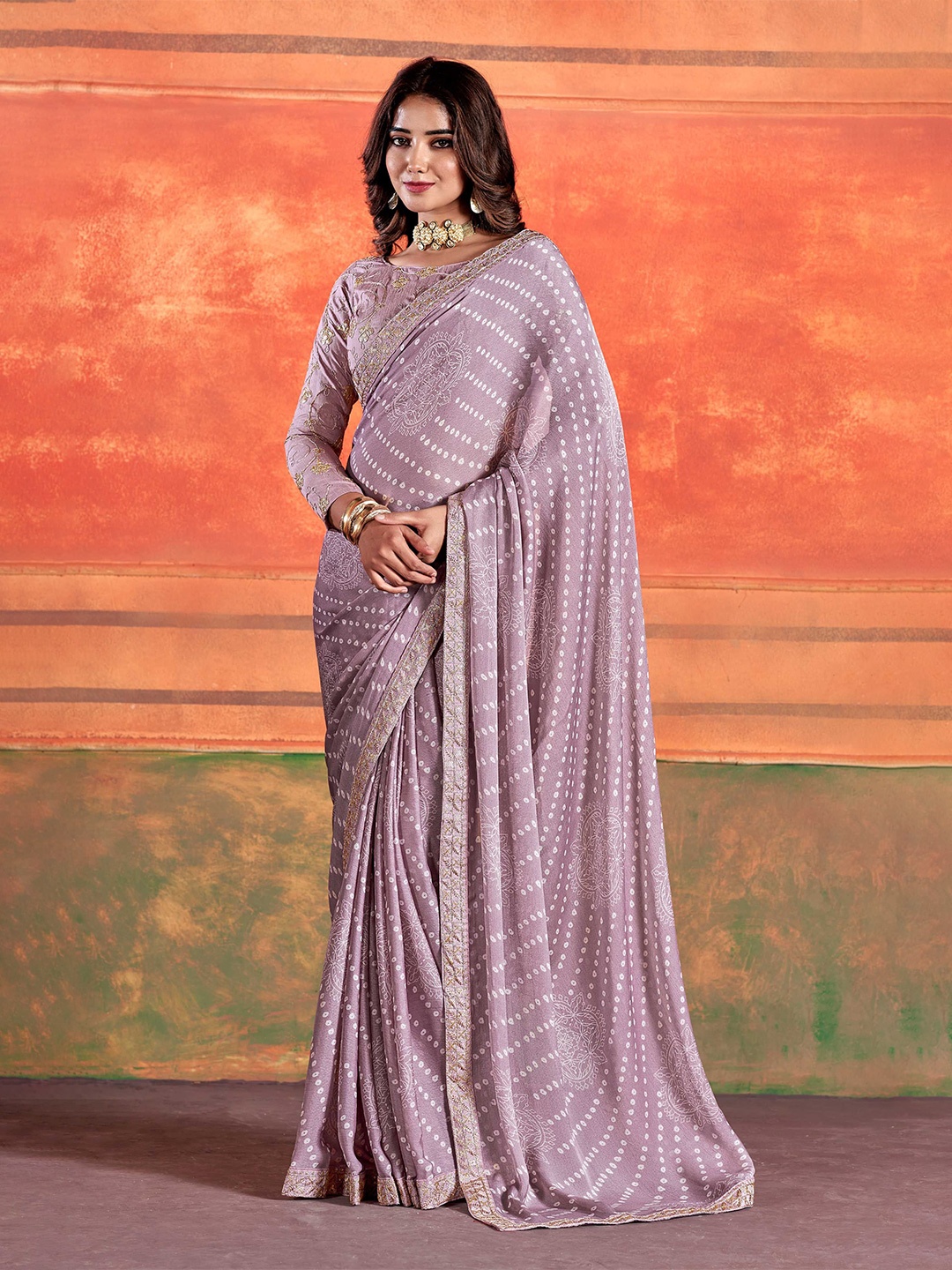 

Mitera Bandhani Printed Saree, Lavender
