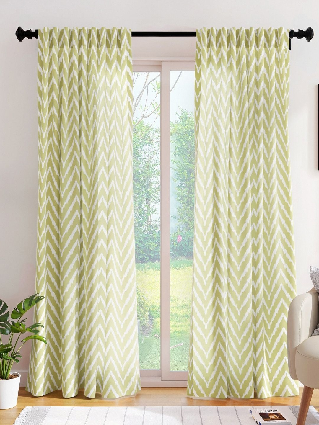 

Encasa Homes Olive Green & White Set of 2 Striped Sheer Door Curtain