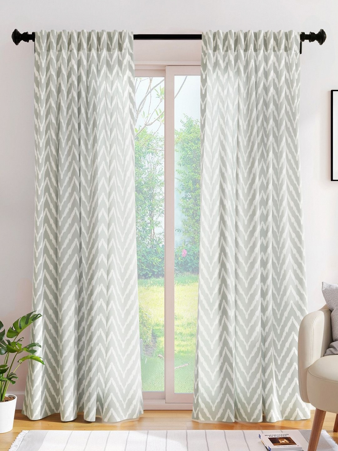 

Encasa Homes Grey & White Set of 2 Striped Sheer Long Door Curtain