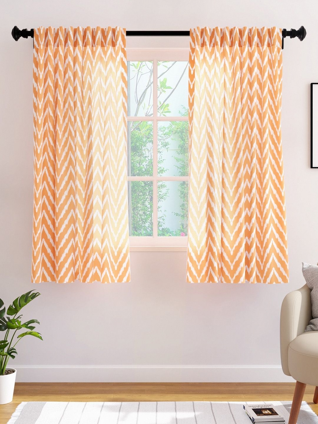 

Encasa Homes Orange & White Set of 2 Striped Sheer Window Curtain