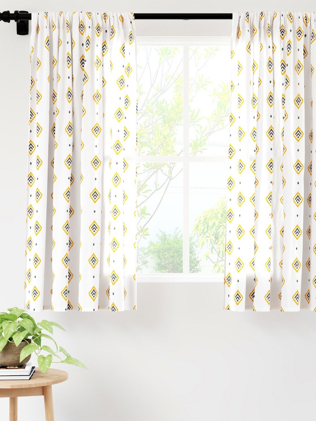 

Encasa Homes Yellow & White Set of 2 Ethnic Motifs Sheer Window Curtain