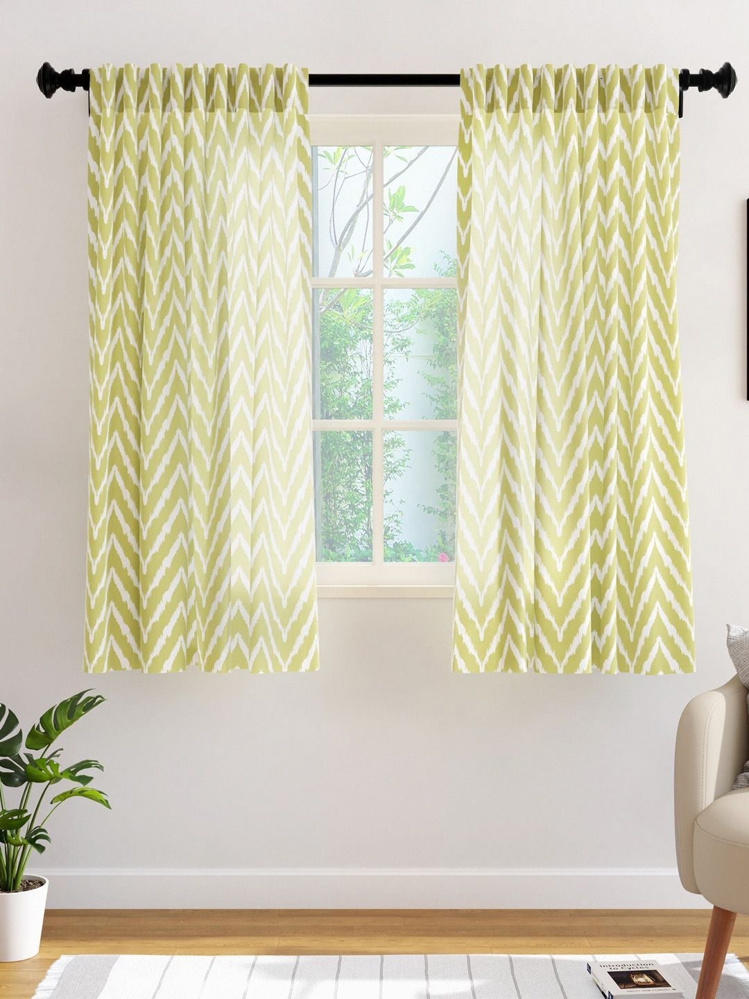 

Encasa Homes Olive Green & White Set of 2 Striped Sheer Window Curtain