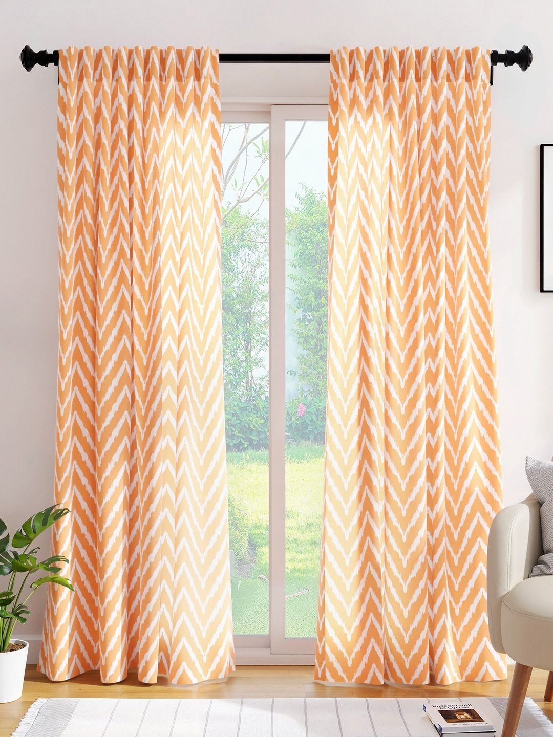 

Encasa Homes Orange & White Set of 2 Striped Sheer Long Door Curtain