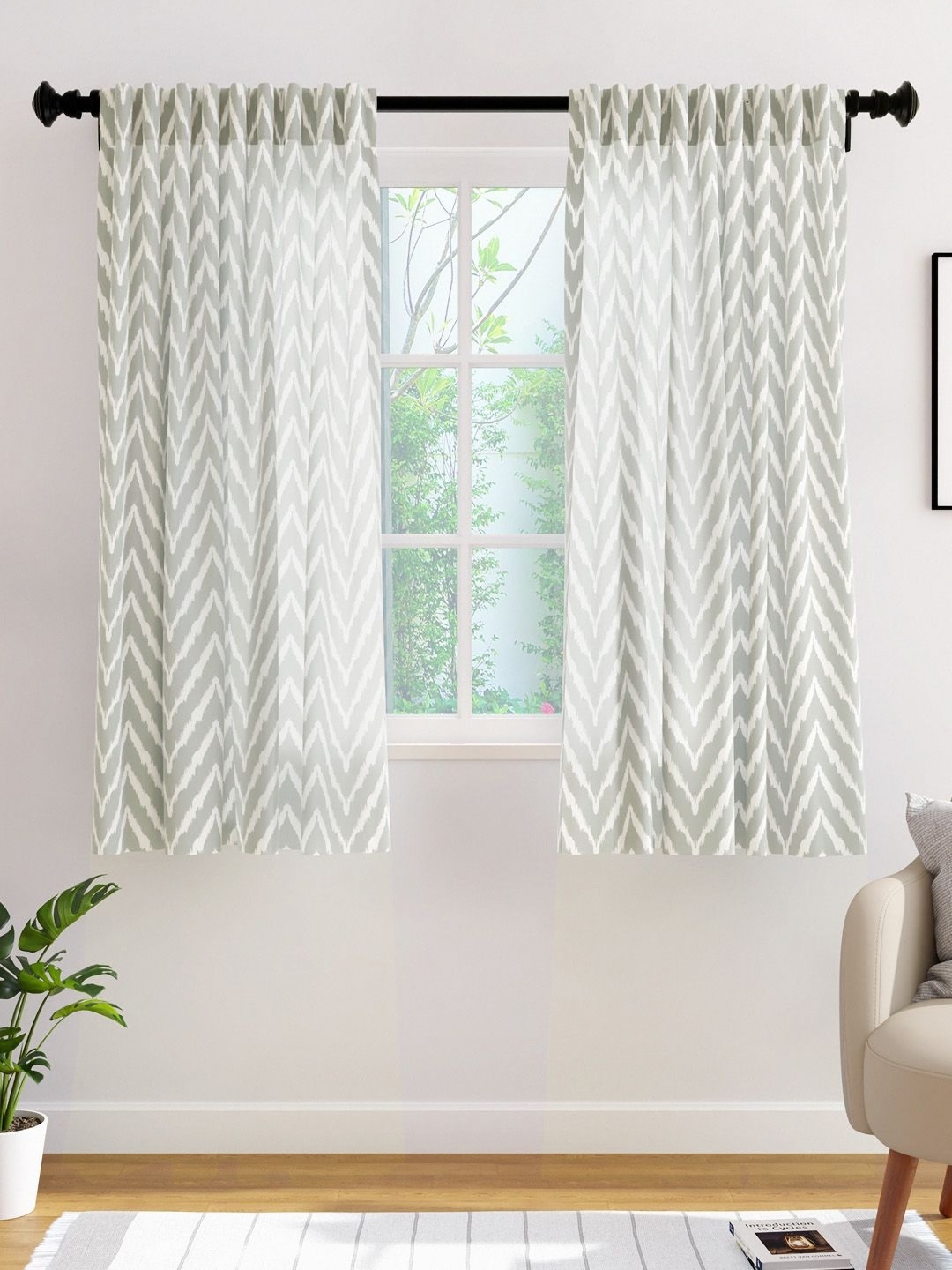 

Encasa Homes Grey & White Set of 2 Striped Sheer Window Curtain