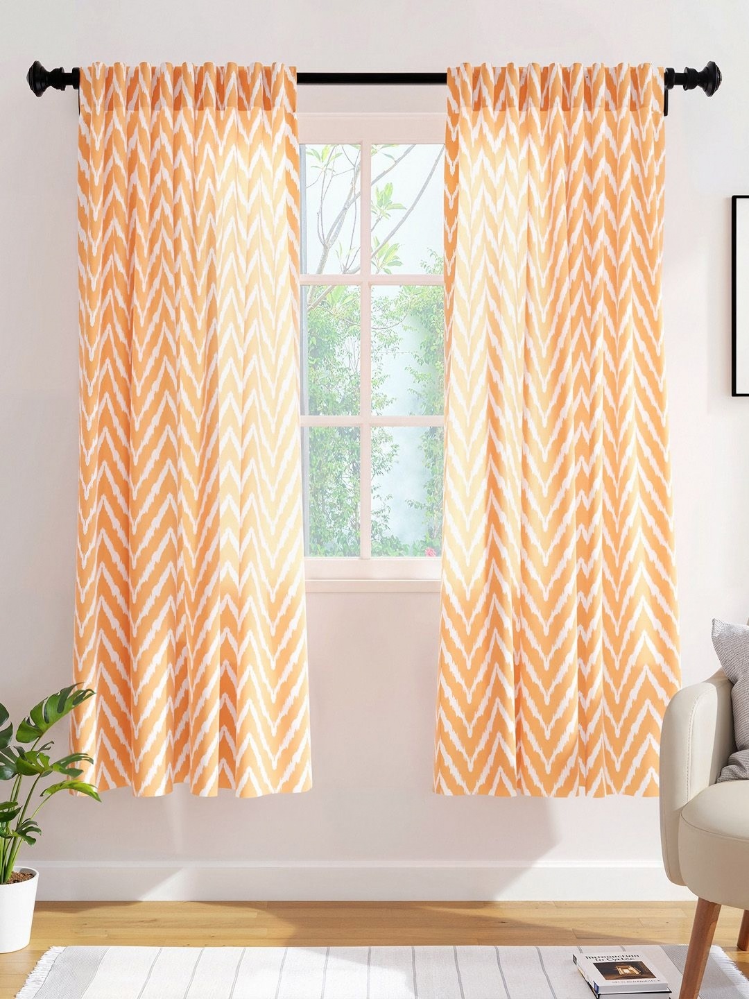 

Encasa Homes Orange & White Set of 2 Striped Sheer Window Curtain