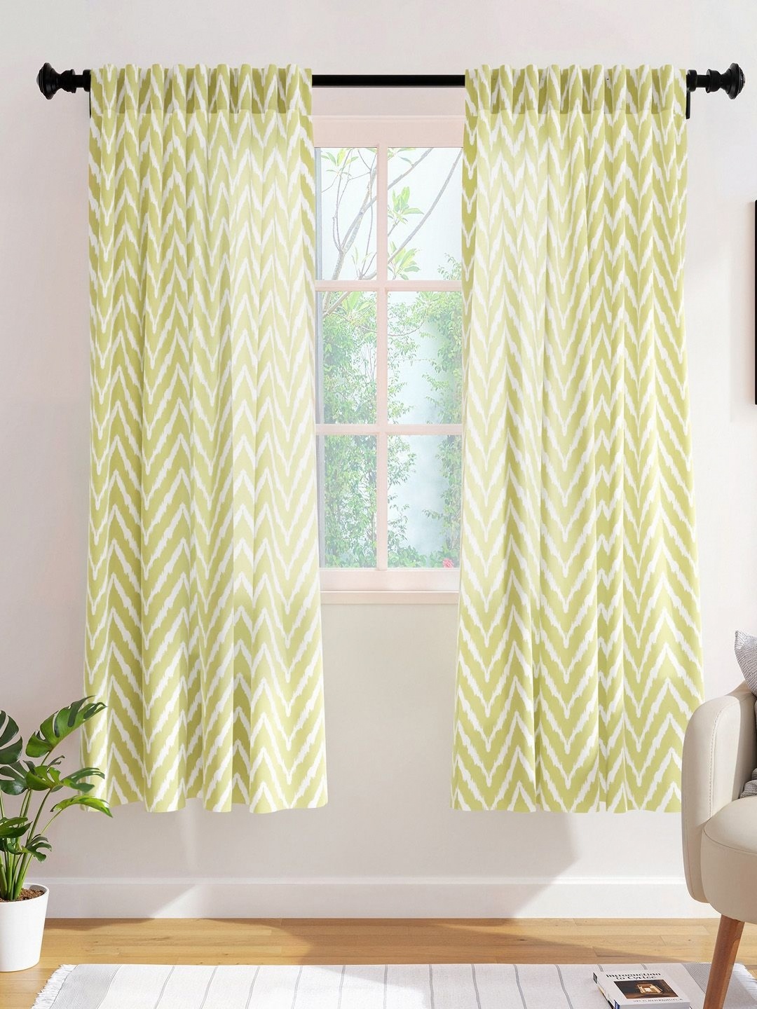 

Encasa Homes Olive Green & White Set of 2 Striped Sheer Window Curtain