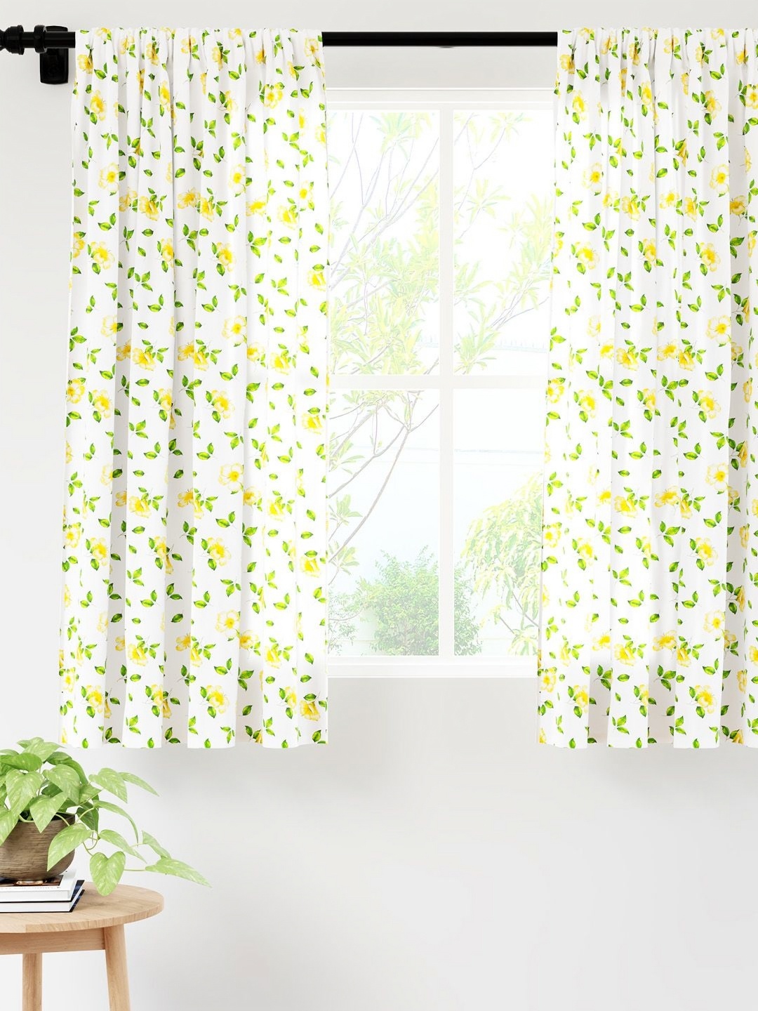 

Encasa Homes Yellow & White Set of 2 Floral Sheer Window Curtain