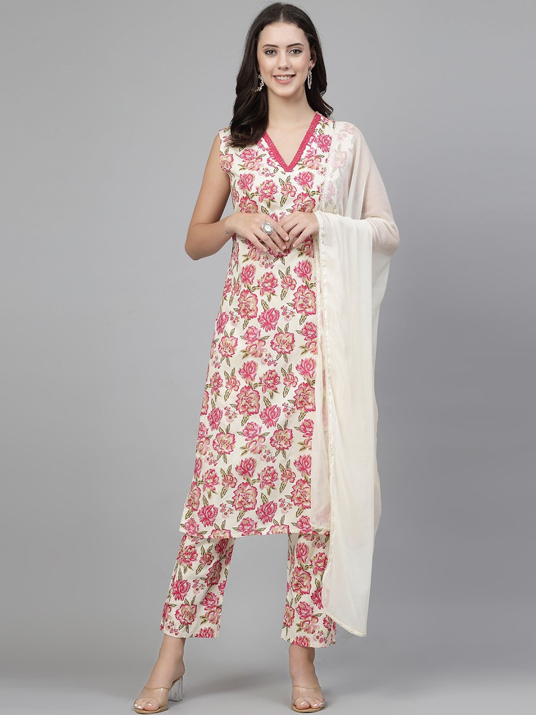 

Veshviti Women Floral Printed Regular Liva Kurta with Trousers & With Dupatta, Pink
